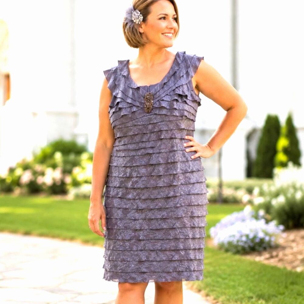 London Times Purple Shimmer Tier Cocktail Dress 12P Beaded Ruffle Wedding Midi